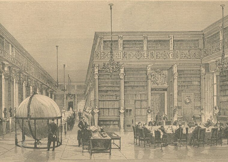 La salle de lecture de la bibliothèque Mazarine au XIXe siècle, avec son globe