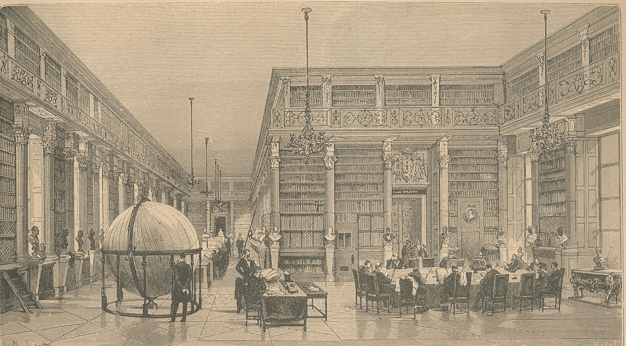 La salle de lecture de la bibliothèque Mazarine au XIXe siècle, avec son globe