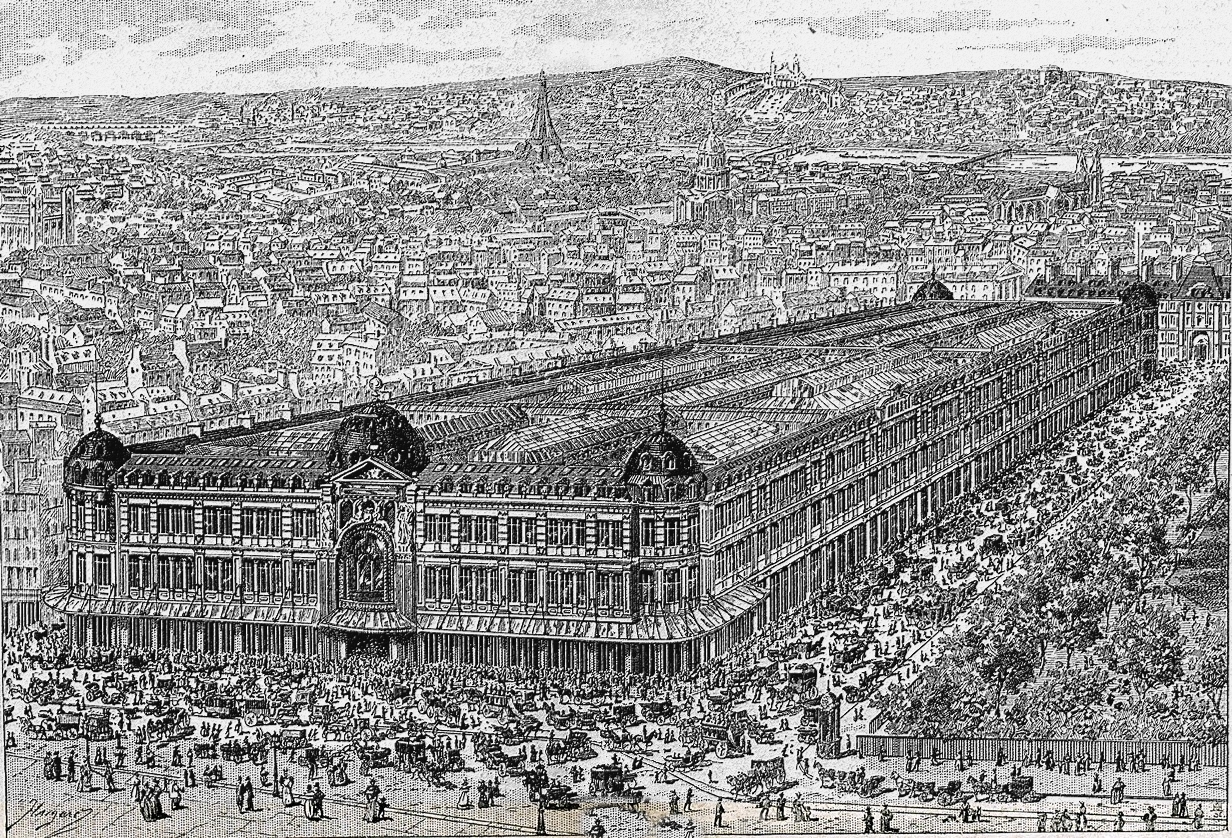 Vue générale du grand magasin Au Bon Marché à Paris, gravure du XIXe siècle