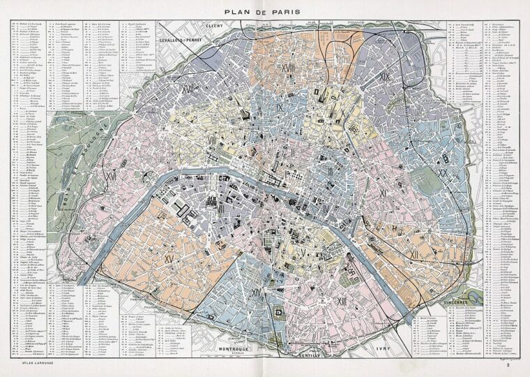 Plan de Paris publié par Larousse vers 1900, avec les vingt arrondissements