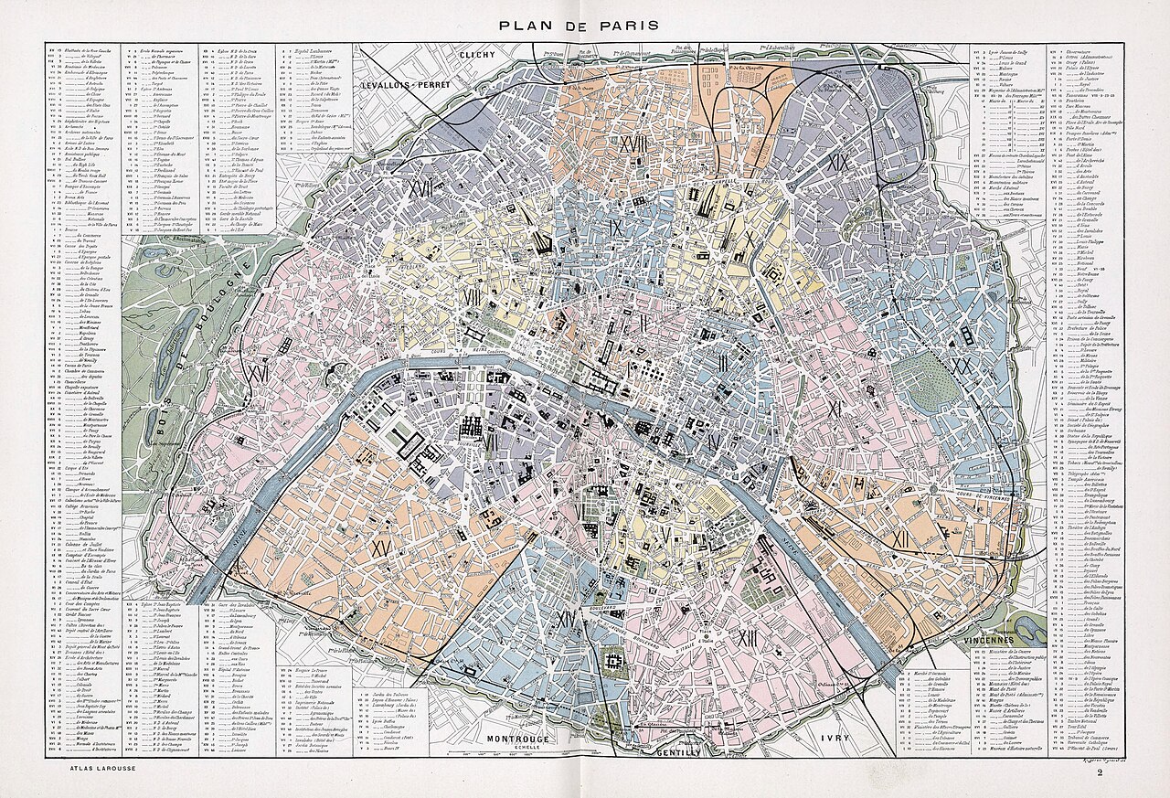 Plan de Paris publié par Larousse vers 1900, avec les vingt arrondissements