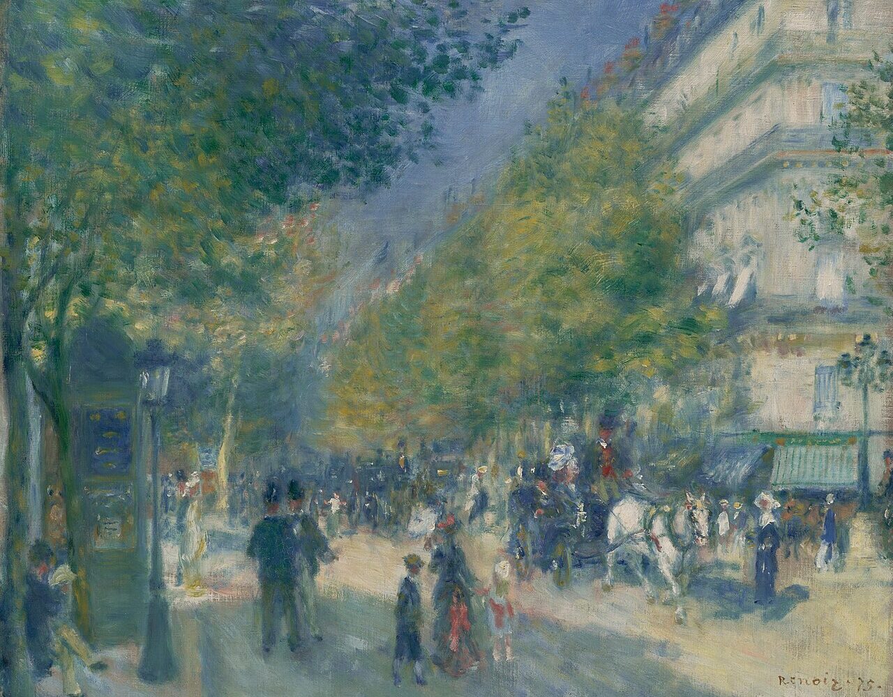 Les Grands Boulevards peints par Auguste Renoir en 1875, promeneurs sous les arbres et fiacres