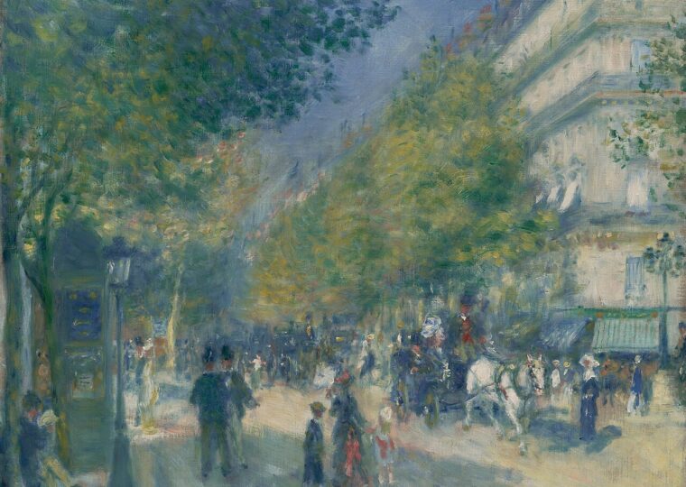 Les Grands Boulevards peints par Auguste Renoir en 1875, promeneurs sous les arbres et fiacres