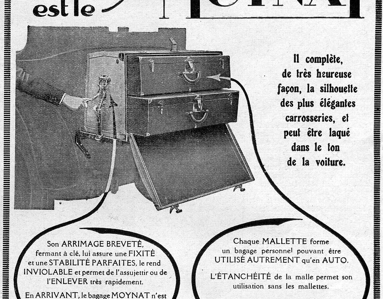 Une publicité ancienne de la maison Moynat pour ses malles automobiles
