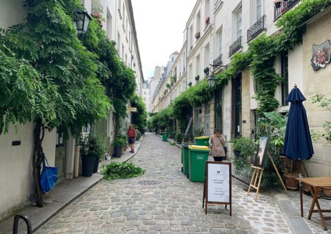 La cour Damoye pavée, ses glycines et ses anciens ateliers, entre la place de la Bastille et la rue Daval