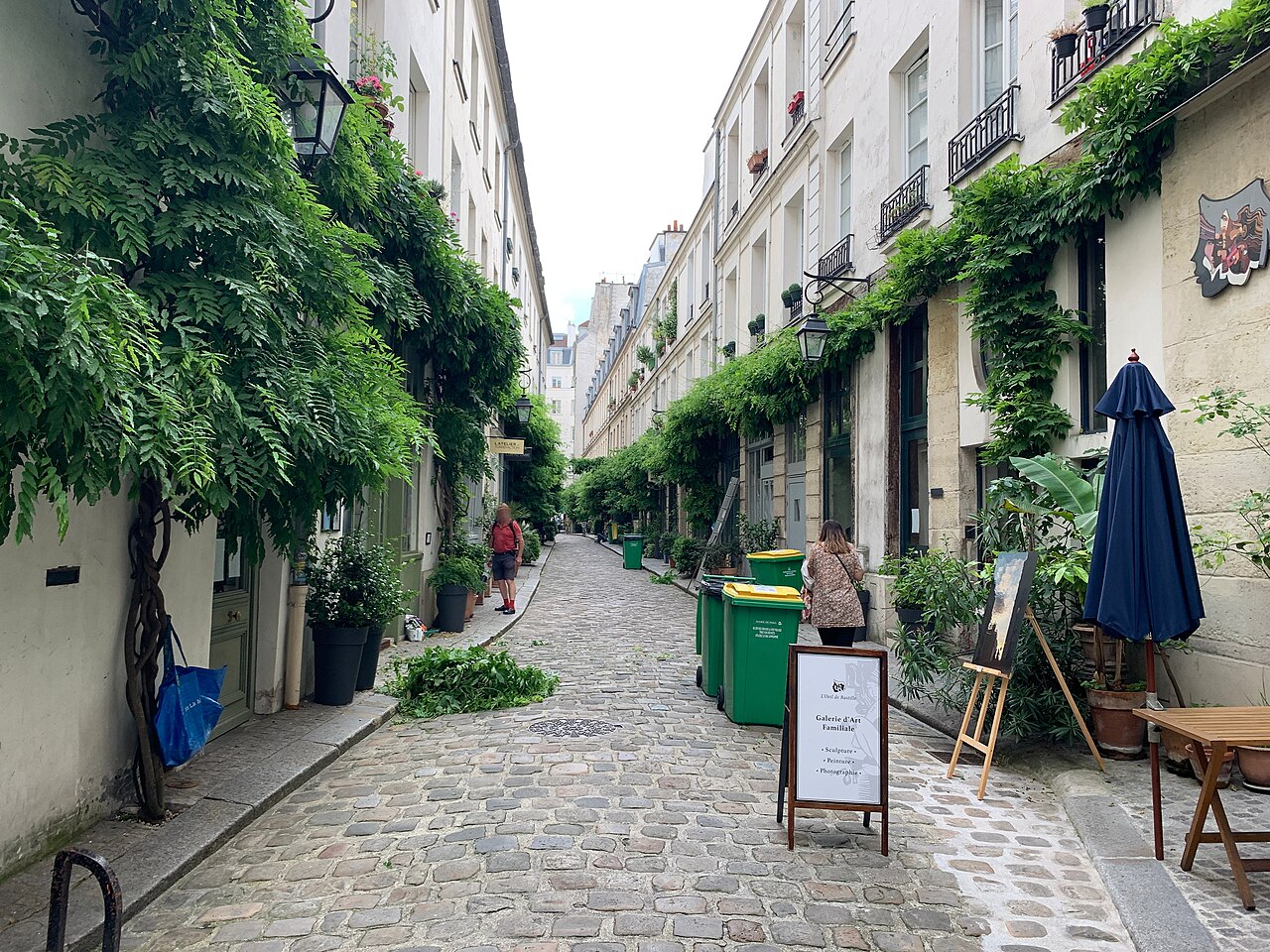 La cour Damoye pavée, ses glycines et ses anciens ateliers, entre la place de la Bastille et la rue Daval