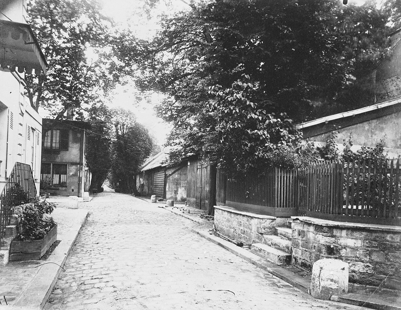 Une ruelle pavée des entrepôts de Bercy bordée de chais et d'arbres, photographiée par Eugène Atget