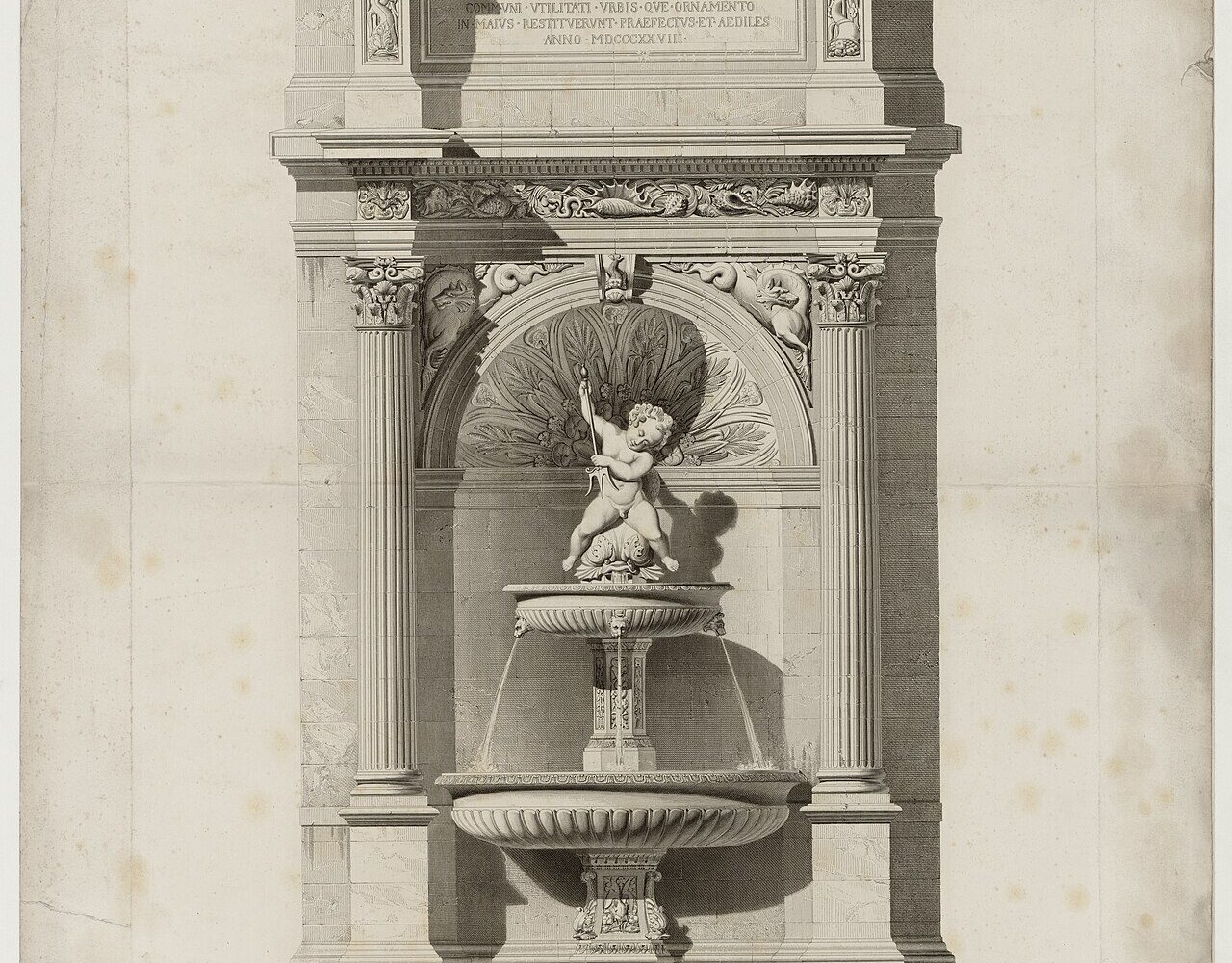 La fontaine de la place Gaillon, devant le restaurant La Fontaine Gaillon