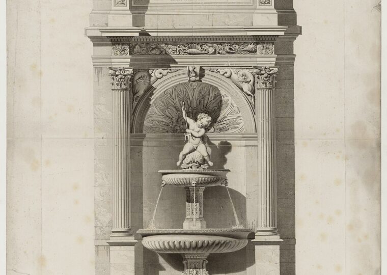 La fontaine de la place Gaillon, devant le restaurant La Fontaine Gaillon