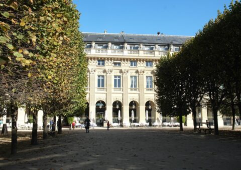 Le jardin du Palais-Royal, ses rangées de tilleuls taillés et la galerie de Valois à l'automne