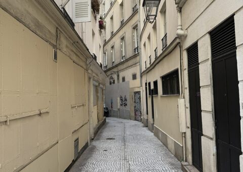 Le passage de la Trinité, venelle pavée en pente avec ses marches et sa lanterne, entre la rue Saint-Denis et la rue de Palestro