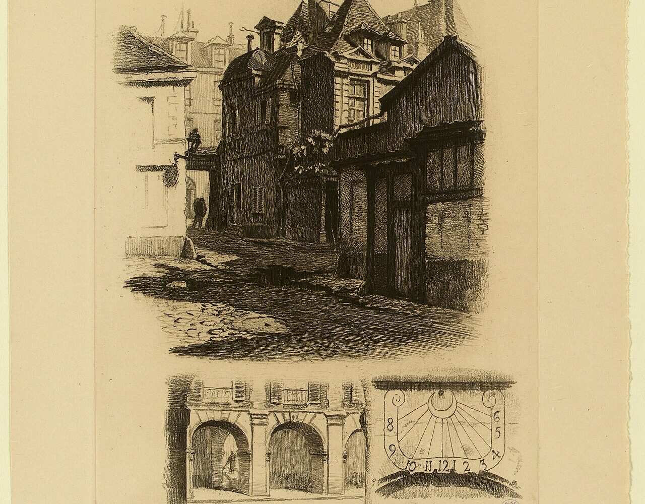 L'entrée du 9 place des Vosges par les cours, gravée par Pierre François Desbois en 1933