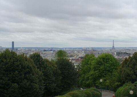La vue sur les toits de Paris et la tour Eiffel depuis les hauteurs du parc de Belleville