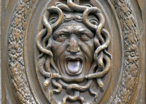 Le mascaron de Méduse sculpté par Thomas Regnaudin sur les vantaux du portail de l'hôtel Amelot de Bisseuil