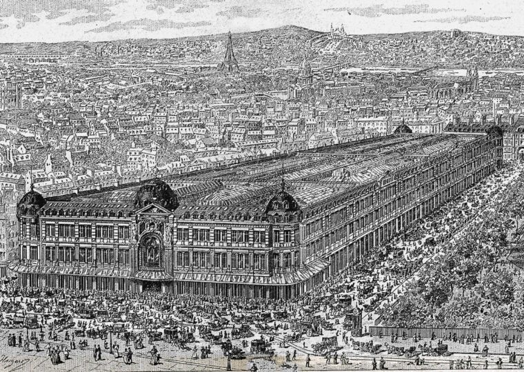 Vue générale du grand magasin Au Bon Marché à Paris, gravure du XIXe siècle