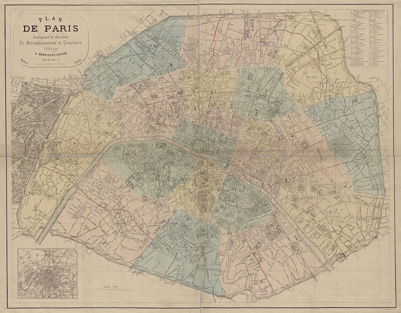 Le plan de Paris de 1860 aux vingt arrondissements pastel, enroulés en spirale depuis le Louvre