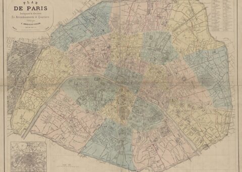 Le plan de Paris de 1860 aux vingt arrondissements pastel, enroulés en spirale depuis le Louvre