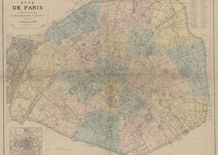 Le plan de Paris de 1860 aux vingt arrondissements pastel, enroulés en spirale depuis le Louvre