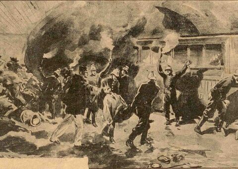 Dessin de presse de 1903, la panique et la fumée à la station Couronnes