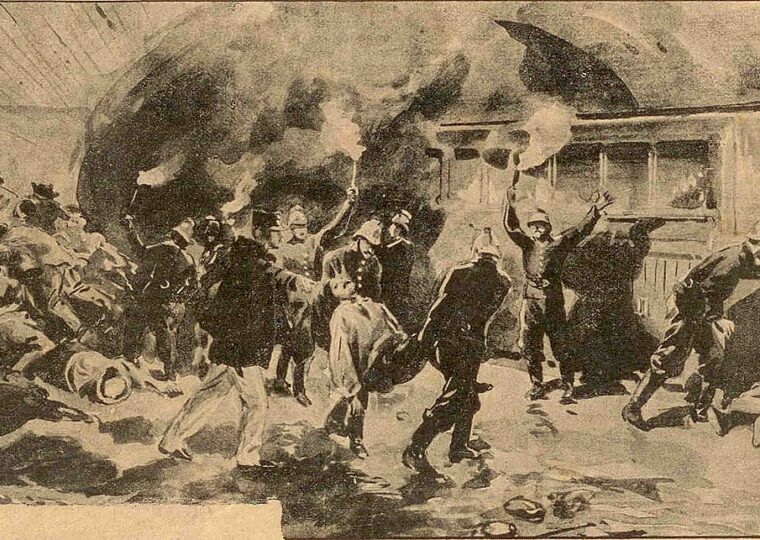 Dessin de presse de 1903, la panique et la fumée à la station Couronnes