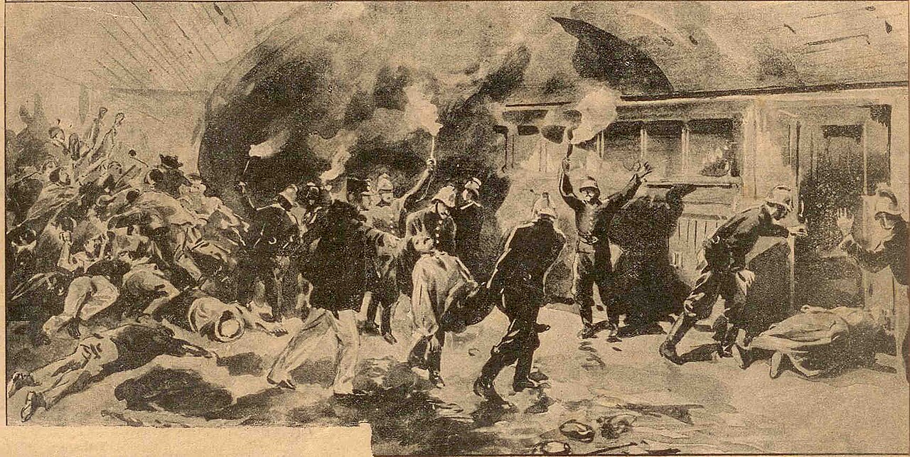 Dessin de presse de 1903, la panique et la fumée à la station Couronnes