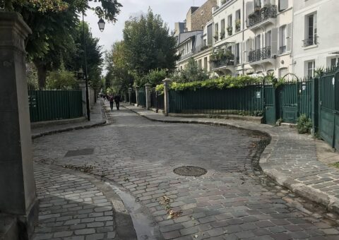 L'allée pavée de la cité des Fleurs, bordée de grilles, de jardinets et de maisons du dix-neuvième siècle