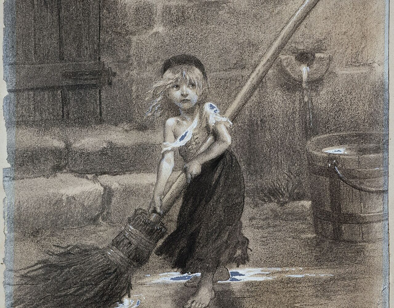 Cosette au balai, dessin d'Émile Bayard pour Les Misérables, 1862