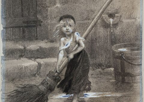 Cosette au balai, dessin d'Émile Bayard pour Les Misérables, 1862