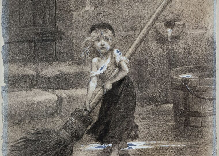 Cosette au balai, dessin d'Émile Bayard pour Les Misérables, 1862