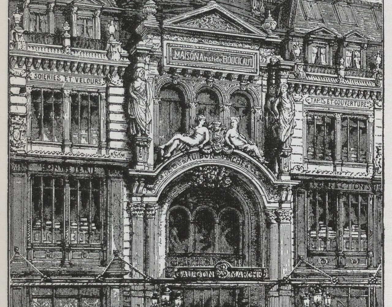 L'entrée du Bon Marché rue de Sèvres en 1892, maison Aristide Boucicaut, gravure