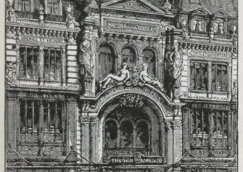 L'entrée du Bon Marché rue de Sèvres en 1892, maison Aristide Boucicaut, gravure