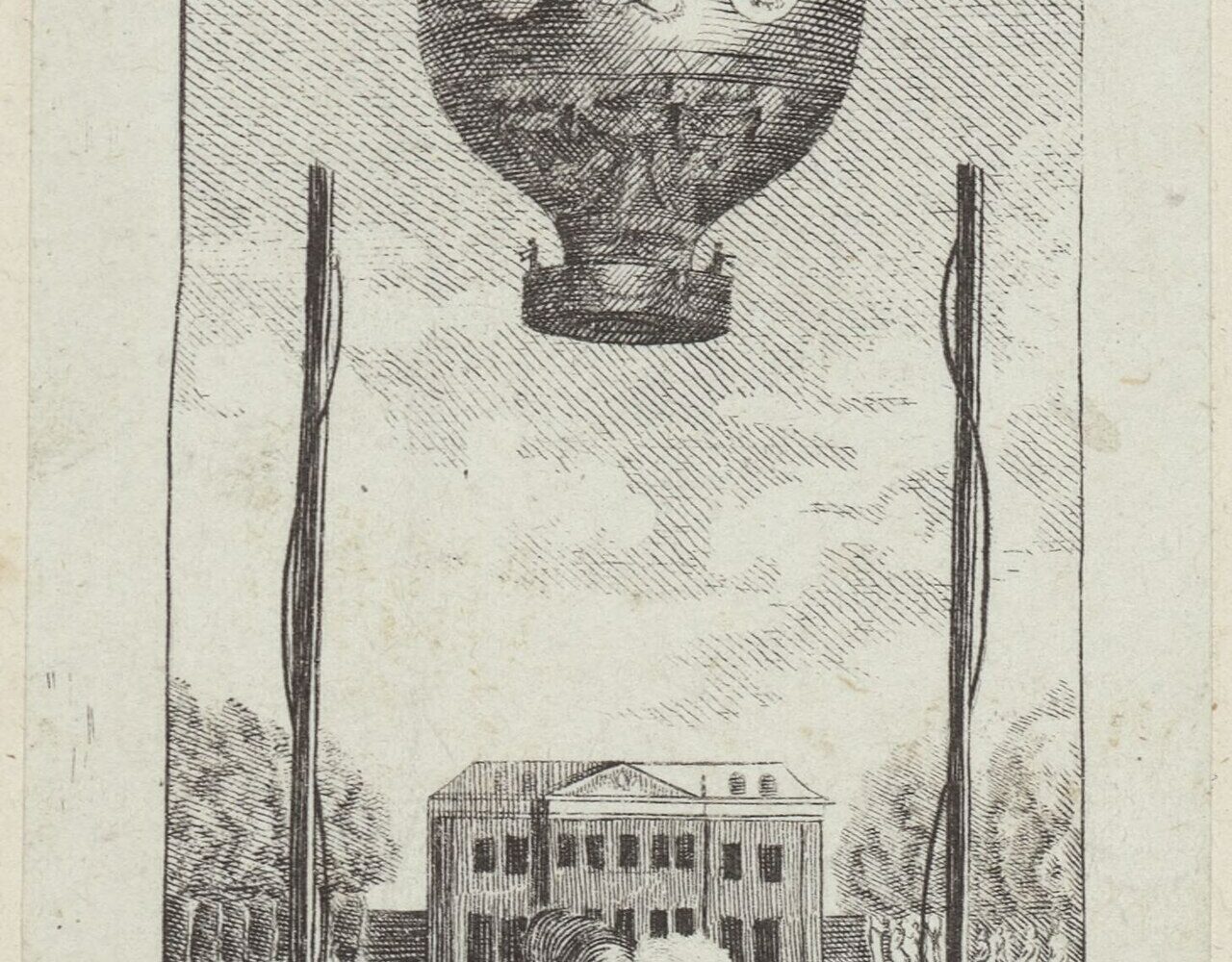 Estampe de 1783, le ballon s'élevant au-dessus du château de la Muette