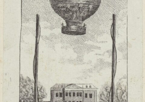 Estampe de 1783, le ballon s'élevant au-dessus du château de la Muette