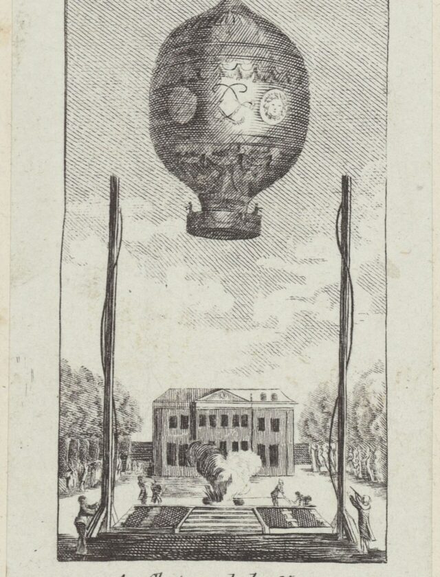Estampe de 1783, le ballon s'élevant au-dessus du château de la Muette