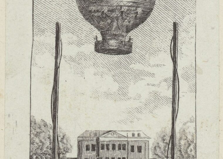 Estampe de 1783, le ballon s'élevant au-dessus du château de la Muette