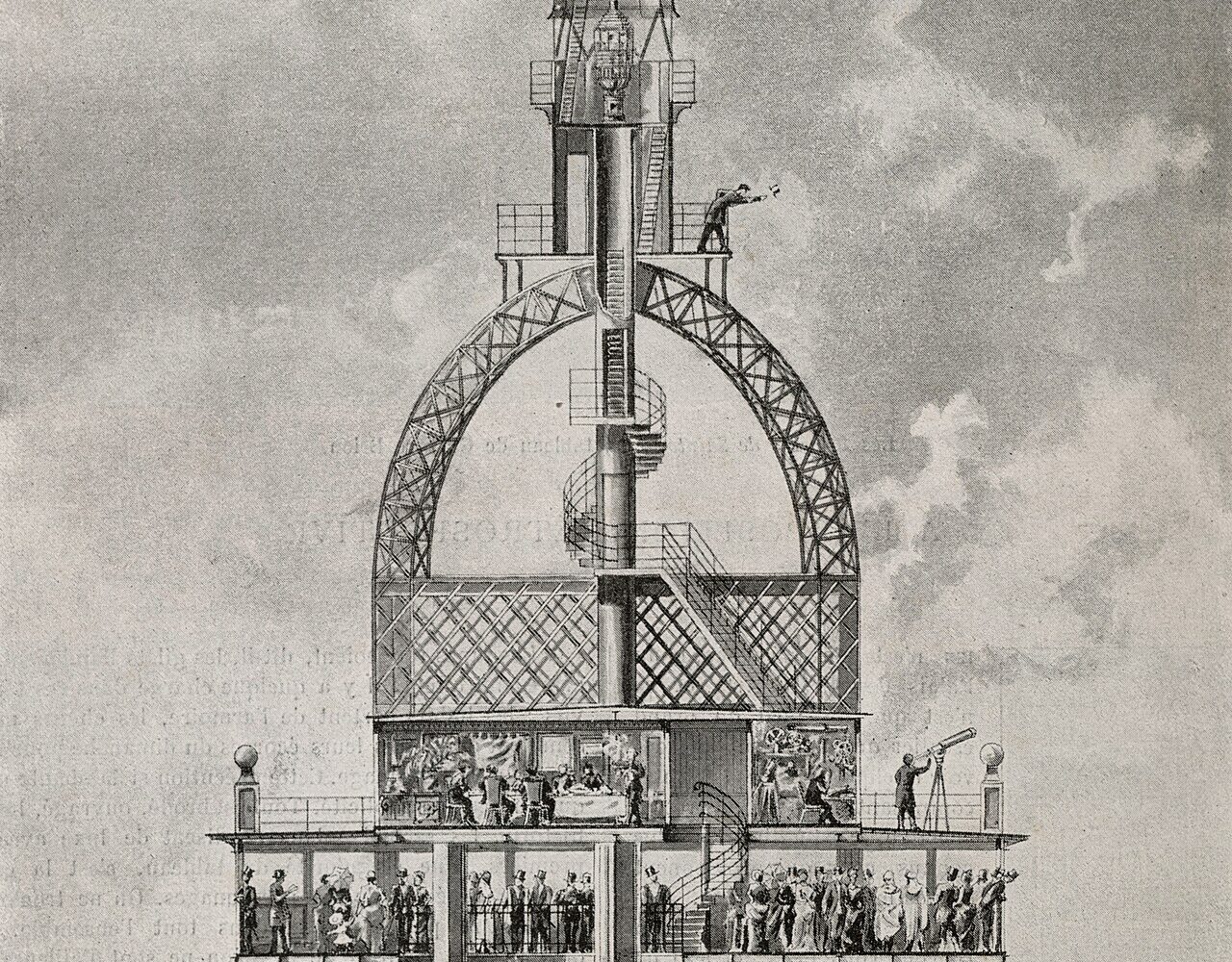 Coupe du sommet de la tour Eiffel en 1889, salon d'Eiffel et campanile, gravure de Rouillard