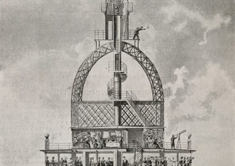 Coupe du sommet de la tour Eiffel en 1889, salon d'Eiffel et campanile, gravure de Rouillard