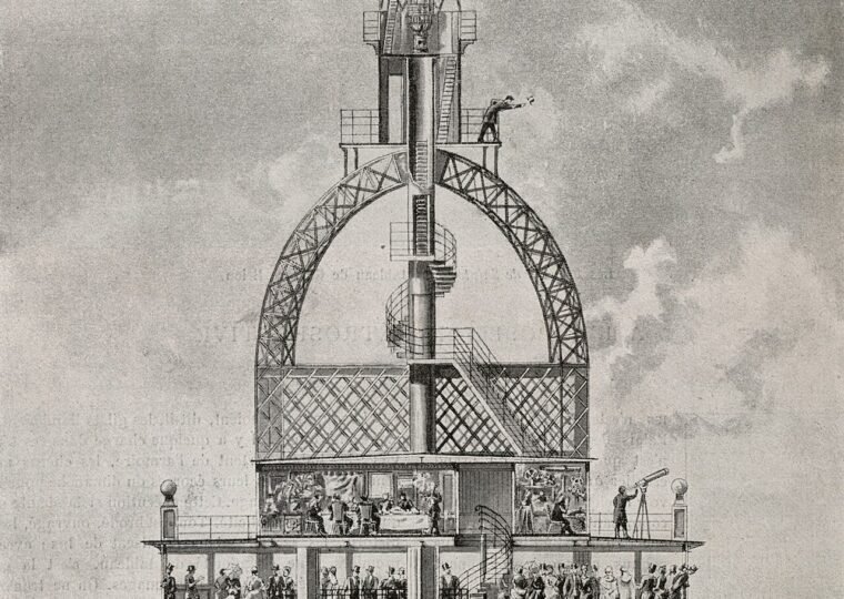 Coupe du sommet de la tour Eiffel en 1889, salon d'Eiffel et campanile, gravure de Rouillard