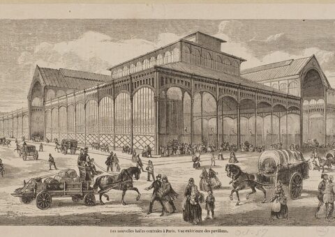 Les pavillons de Baltard aux Halles centrales, gravure du Second Empire