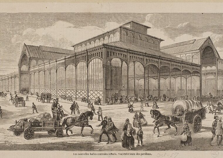 Les pavillons de Baltard aux Halles centrales, gravure du Second Empire
