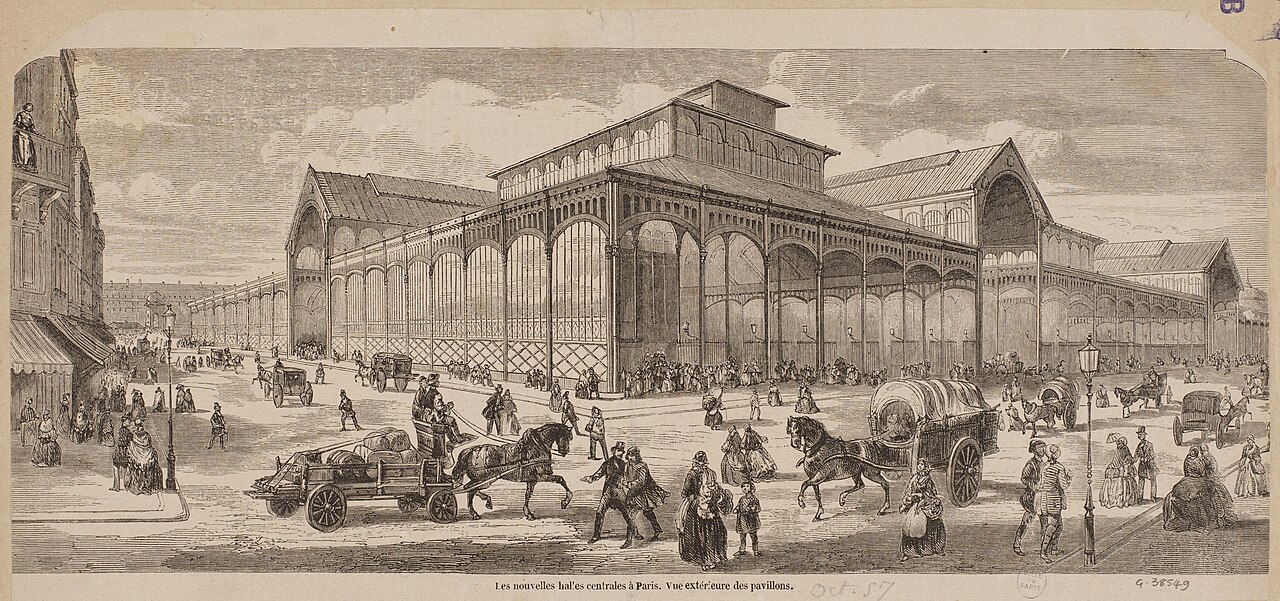 Les pavillons de Baltard aux Halles centrales, gravure du Second Empire
