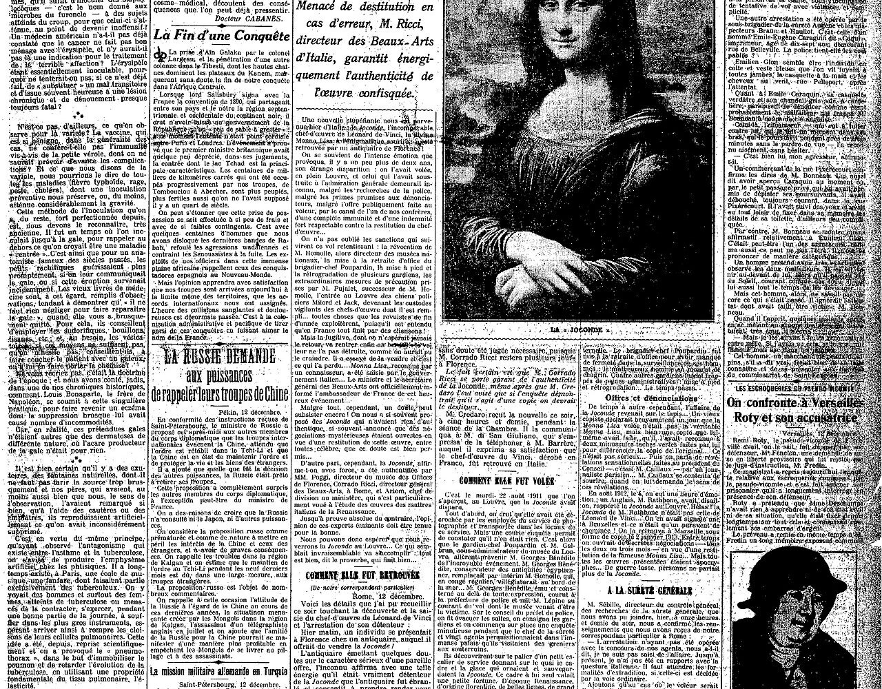 Une du Petit Parisien du 13 décembre 1913 annonçant la Joconde retrouvée