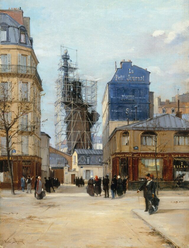 La statue de la Liberté dans les échafaudages de l'atelier Gaget, rue de Chazelles, tableau de Victor Dargaud, vers 1884