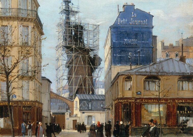 La statue de la Liberté dans les échafaudages de l'atelier Gaget, rue de Chazelles, tableau de Victor Dargaud, vers 1884