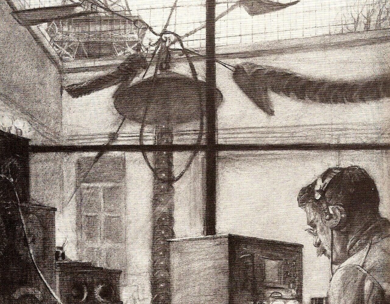 Le poste de TSF souterrain du Champ-de-Mars, opérateur au casque sous la tour Eiffel, dessin d'époque