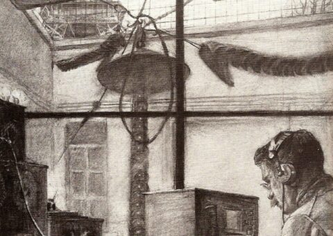 Le poste de TSF souterrain du Champ-de-Mars, opérateur au casque sous la tour Eiffel, dessin d'époque