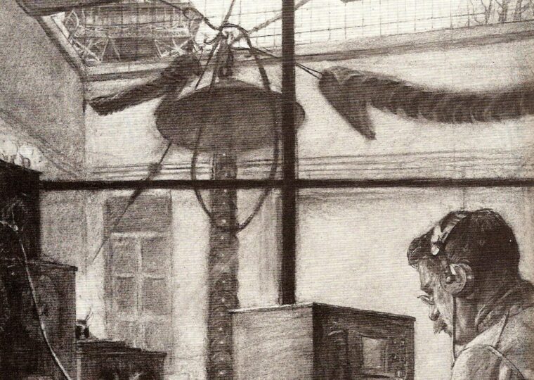Le poste de TSF souterrain du Champ-de-Mars, opérateur au casque sous la tour Eiffel, dessin d'époque