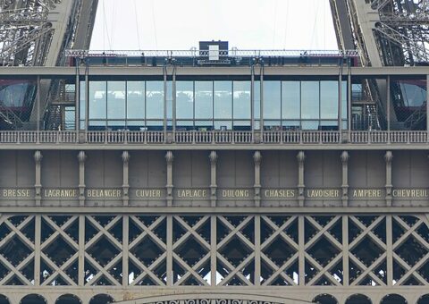 La frise des noms de savants en lettres dorées sous le premier étage de la tour Eiffel