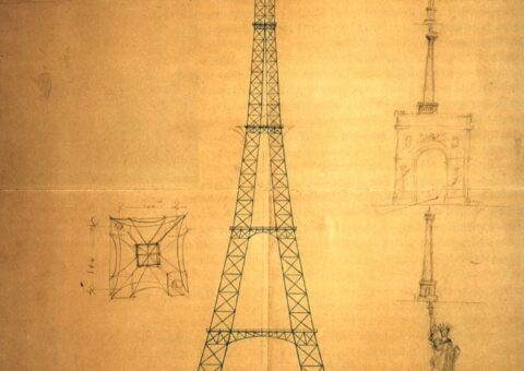 Le croquis du 6 juin 1884 : un pylône de 300 mètres comparé à Notre-Dame, à la statue de la Liberté et à la colonne Vendôme empilées