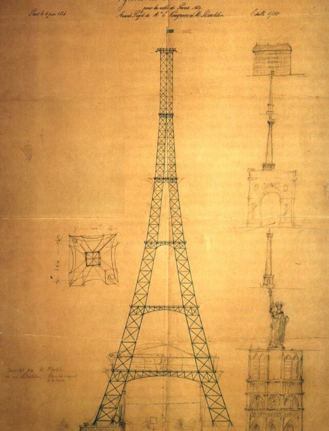 Le croquis du 6 juin 1884 : un pylône de 300 mètres comparé à Notre-Dame, à la statue de la Liberté et à la colonne Vendôme empilées